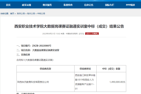 喜报！唯众品牌中标西安职业技术学院大数据岗课赛证融通实训室项目！